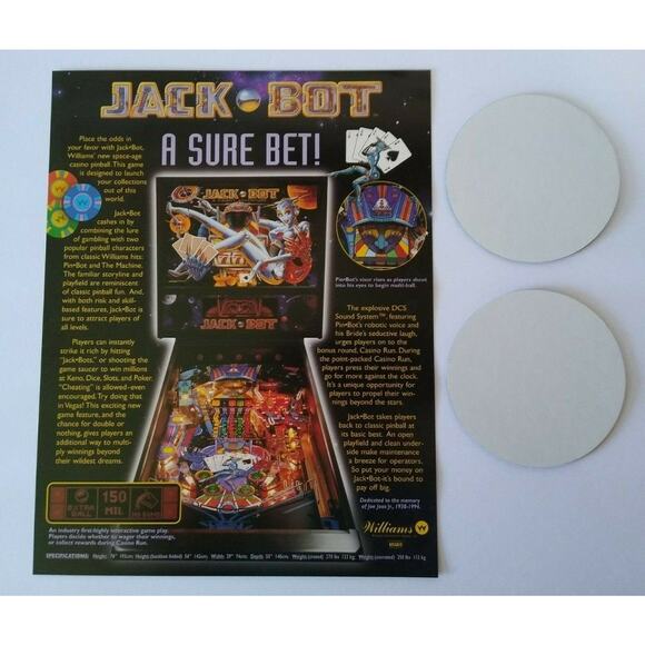 Jackbot Pinball FLYER & 2 Promos Plastic Coasters Pinbot & Bride Wife Robots NOS - Picture 3 of 5